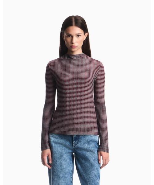 EMPORIO ARMANI(エンポリオアルマーニ)の「【エンポリオ アルマーニ】レギュラーフィット ボーダー柄 クルーネックセーター(ニット/セーター・レディース・ブルー系その他/セージグリーン・SMALL/LARGE/MEDIUM)」の2枚目の写真