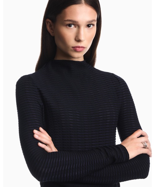 EMPORIO ARMANI(エンポリオアルマーニ)の「【エンポリオ アルマーニ】レギュラーフィット ボーダー柄 クルーネックセーター(ニット/セーター・レディース・ブルー系その他/セージグリーン・SMALL/LARGE/MEDIUM)」の9枚目の写真