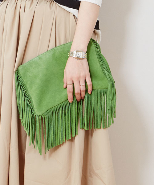 HELIOPOLE(エリオポール)の「【GINGER 6月号掲載】SANDIE PRAUX フリンジクラッチバッグ(クラッチバッグ・レディース・グリーン/ゴールド/グレー・FREE)」の3枚目の写真