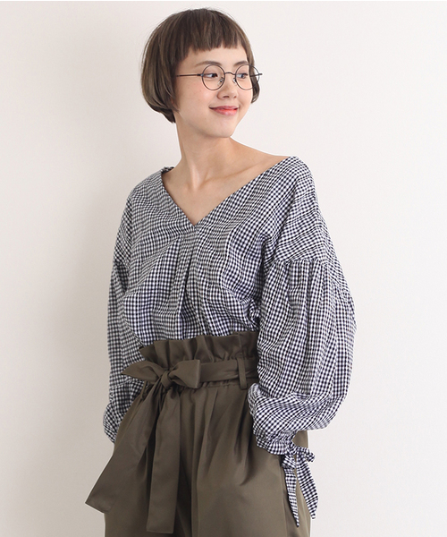 MERLOT（メルロー）の「ギンガムバルーン袖トップス4879（その他トップス・レディース・ネイビー/レッド/ブラック・FREE）」の2枚目の写真