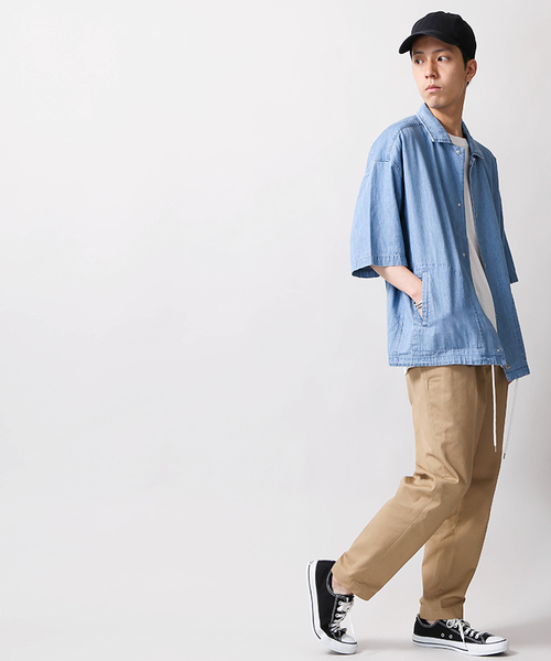 WEGO（ウィゴー）の「WEGO/デニム5分袖コーチジャケット（シャツ/ブラウス・メンズ・ライトインディゴブルー/インディゴブルー・MEDIUM/LARGE）」の9枚目の写真