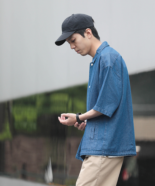 WEGO（ウィゴー）の「WEGO/デニム5分袖コーチジャケット（シャツ/ブラウス・メンズ・ライトインディゴブルー/インディゴブルー・MEDIUM/LARGE）」の6枚目の写真