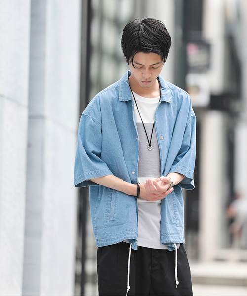 WEGO（ウィゴー）の「WEGO/デニム5分袖コーチジャケット（シャツ/ブラウス・メンズ・ライトインディゴブルー/インディゴブルー・MEDIUM/LARGE）」の16枚目の写真