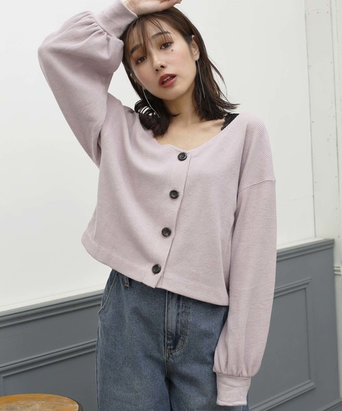 one after another NICE CLAUP(ワンアフターアナザーナイスクラップ)の「サーマルVあきカーディガン(カーディガン/ボレロ・レディース・グレー/ピンク/アイボリー/ベージュ系その他・FREE)」の4枚目の写真