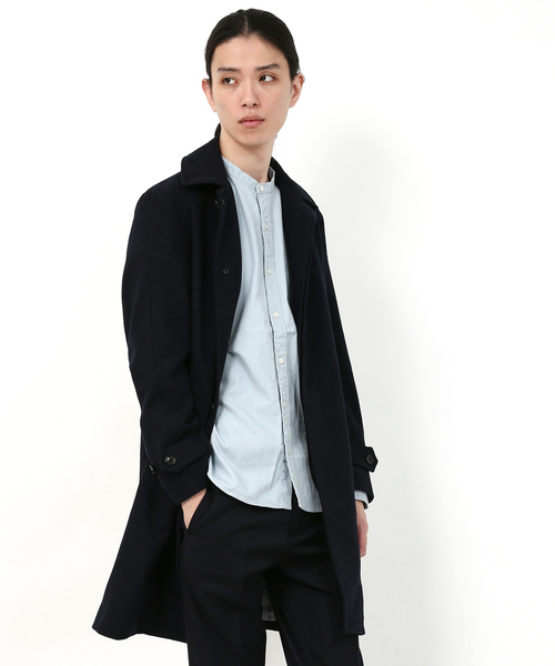 Audience（オーディエンス）の「ウールメルトン 比翼ステンカラー ロングコート（ステンカラーコート・メンズ・ブラック/ネイビー/キャメル/チャコール・M/L/XL）」の4枚目の写真