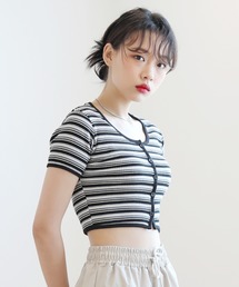 キャンディーカラー クロップ丈 リブ ボーダー カーディガン