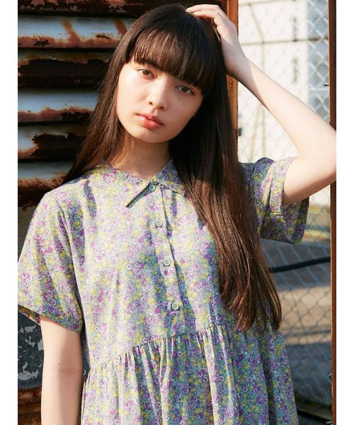 merry jenny 美品 グリーン シフォンfloralシャツワンピース merry jenny シフォンflowerシャツワンピース（グリーン