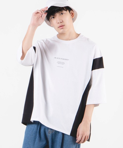 WEGO（ウィゴー）の「WEGO/サイドカラーブロックビッグシルエットTシャツ（Tシャツ/カットソー・メンズ・ホワイト/ブルー系その他・MEDIUM/LARGE）」の2枚目の写真