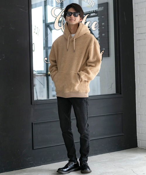 Beno(ビーノ)の「もこもこ シェルパ ボア フリース / ルーズシルエット / プルオーバー フーディー パーカー(パーカー・メンズ・オリーブ/ネイビー/ベージュ/グレー/ブラック/オフホワイト・LL/L/M)」の18枚目の写真