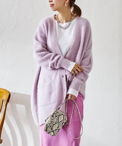 DouDou（ドゥドゥ）の「【新色追加】ラクーンカーディガン（カーディガン/ボレロ・レディース・ライトグレー/イエロー×グリーン/ピンク/モカ/バイオレット/イエロー・FREE）」の4枚目の写真