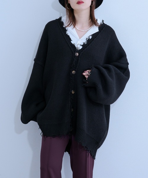 Ellno Loset(エルノロゼット)の「ダメージニットカーディガン(カーディガン/ボレロ・メンズ・ブラック/パープル/グリーン・FREE)」の2枚目の写真