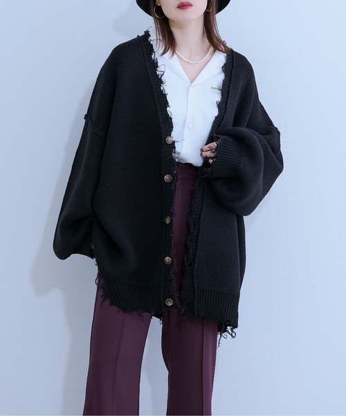 Ellno Loset(エルノロゼット)の「ダメージニットカーディガン(カーディガン/ボレロ・メンズ・ブラック/パープル/グリーン・FREE)」の4枚目の写真