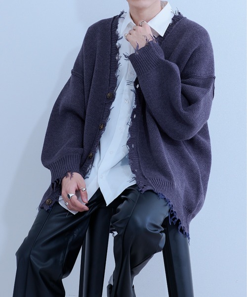 Ellno Loset(エルノロゼット)の「ダメージニットカーディガン(カーディガン/ボレロ・メンズ・ブラック/パープル/グリーン・FREE)」の5枚目の写真