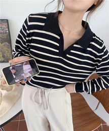 Chaco closet（チャコ クローゼット）の「ポロニットボーダー長袖プルオーバー（ニット/セーター）」