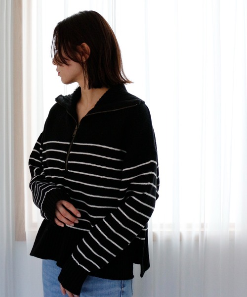 CIENA(シエナ)の「フロントZIPボーダーニット(ニット/セーター・レディース・ブラック/ベージュ/オフホワイト・FREE)」の9枚目の写真
