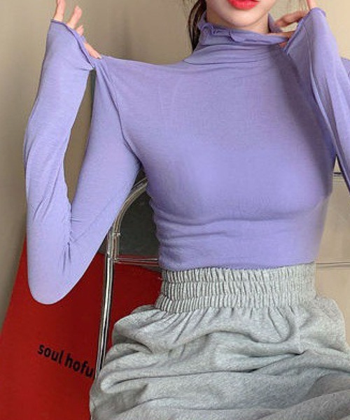 meJane（ミージェーン）の「ハイネックシースルーカットソー（Tシャツ/カットソー・レディース・ホワイト/ブラック/グリーン/ブルー/ラベンダー/イエロー/ピンク/シャーベット・FREE）」の6枚目の写真