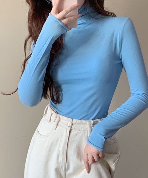 meJane（ミージェーン）の「ハイネックシースルーカットソー（Tシャツ/カットソー・レディース・ホワイト/ブラック/グリーン/ブルー/ラベンダー/イエロー/ピンク/シャーベット・FREE）」の5枚目の写真