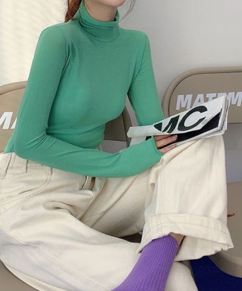 meJane（ミージェーン）の「ハイネックシースルーカットソー（Tシャツ/カットソー・レディース・ホワイト/ブラック/グリーン/ブルー/ラベンダー/イエロー/ピンク/シャーベット・FREE）」の4枚目の写真