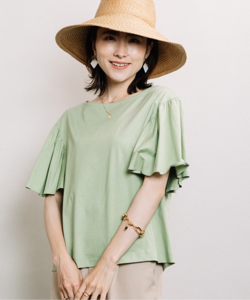 ELVENCE DEUX(エルベンスドゥ)の「ツヤアリソデギャザーPO(Tシャツ/カットソー・レディース・オフホワイト/グリーン/グレー系その他・FREE)」の9枚目の写真