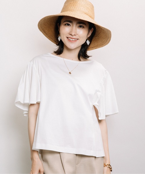 ELVENCE DEUX(エルベンスドゥ)の「ツヤアリソデギャザーPO(Tシャツ/カットソー・レディース・オフホワイト/グリーン/グレー系その他・FREE)」の4枚目の写真