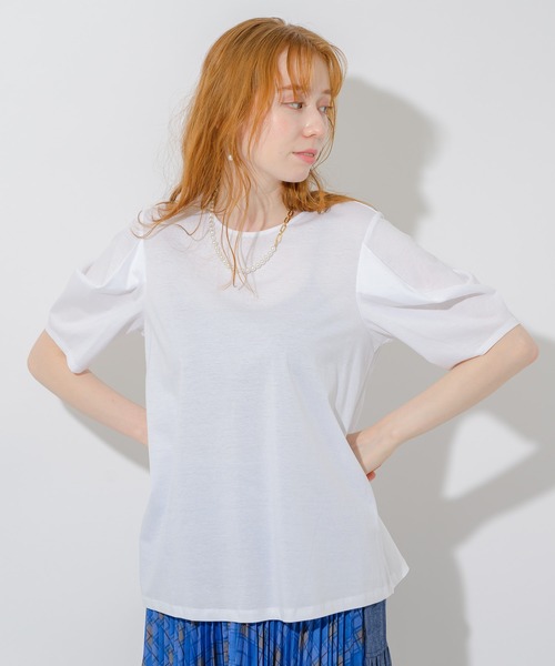 Paradise Picnic(パラダイスピクニック)の「マーセライズコットンパフT(Tシャツ/カットソー・レディース・ホワイト/チャコールグレー/ブルー・FREE)」の1枚目の写真