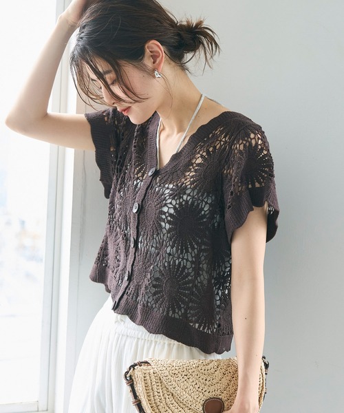 coca（coca）（コカ）の「クロップド丈クロシェカーディガン（カーディガン/ボレロ・レディース・アイボリー/ブラック/ダークベージュ/ダークブラウン・ONE SIZE）」の14枚目の写真