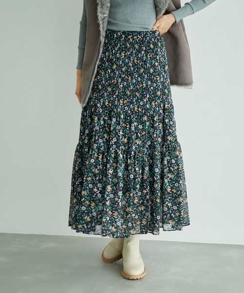 ROPE'（ロペ）の「【秋の新作】楊柳プリントプリーツティアードスカート（スカート・レディース・ダークブラウン/ネイビー・38/36）」の2枚目の写真