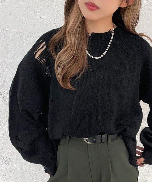apres jour mignon(アプレジュールミニョン)の「クラッシュダメージニット【ZOZOTOWN限定アイテム】(ニット/セーター・レディース・ブラック/アイボリー/ブルー・X-LARGE/フリー)」の4枚目の写真