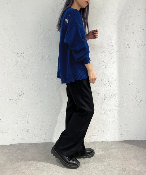 11747391 ニット ブルー セール】ゆるっとシルエットで大人可愛く！ぽわん袖クルーネックプル