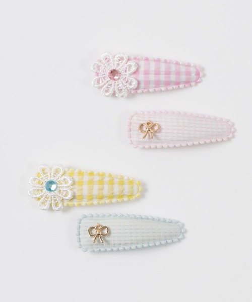 KP DECO（ケーピーデコ）の「お花レースとリボンチャームのギンガムチェック柄ヘアピン２個セット（ヘアピン・キッズ・ピンク/イエロー・FREE）」の7枚目の写真