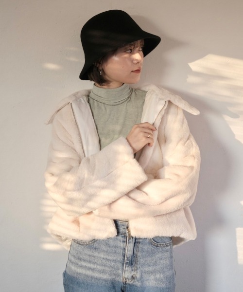 Reurie'（レウリィ）の「フロントジップエコファージャケット（その他アウター・レディース・ブラック/アイボリー・FREE）」の3枚目の写真