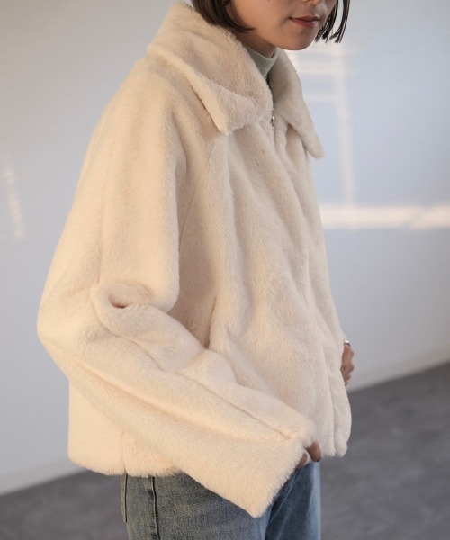 Reurie'（レウリィ）の「フロントジップエコファージャケット（その他アウター・レディース・ブラック/アイボリー・FREE）」の5枚目の写真