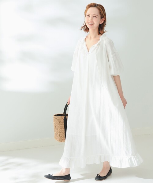 B:MING by BEAMS(ビーミングバイビームス)の「B:MING by BEAMS / スキッパー サッカー ワンピーズ(ワンピース・レディース・グリーン系その他/オフホワイト・FREE)」の3枚目の写真