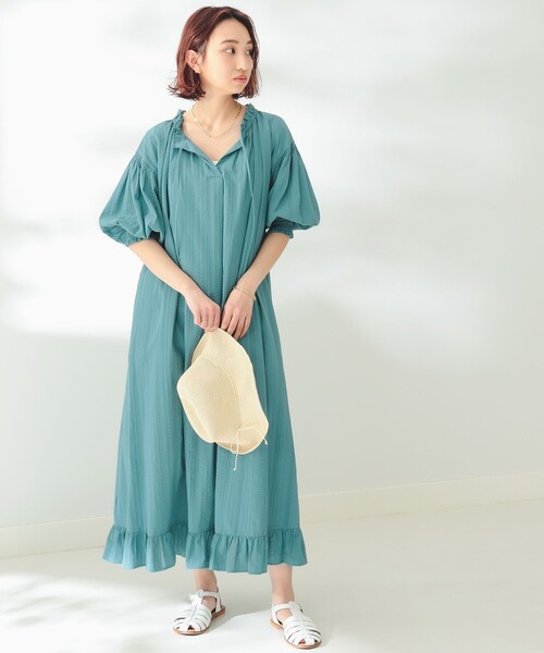 B:MING by BEAMS(ビーミングバイビームス)の「B:MING by BEAMS / スキッパー サッカー ワンピーズ(ワンピース・レディース・グリーン系その他/オフホワイト・FREE)」の4枚目の写真