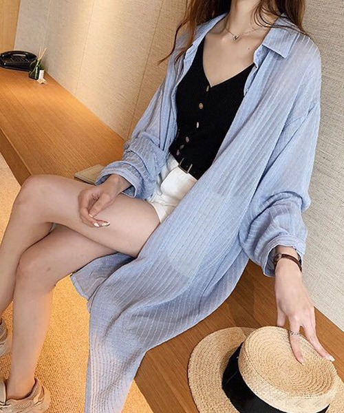 Amulet（アミュレット）の「ストライプロングシャツ（シャツ/ブラウス・レディース・ピンク/グリーン/ホワイト/ブルー・M/L/XL）」の9枚目の写真