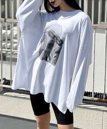 Portrait print slit long sleeve T-shirt / ポートレートプリントスリットロンT