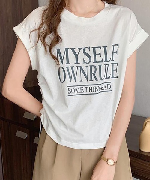 Girly Doll(ガーリードール)の「フレンチスリーブロゴプリントTシャツ(Tシャツ/カットソー・レディース・ホワイト/ダークグレー/ベージュ・L/M)」の5枚目の写真