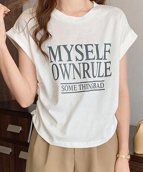 Girly Doll(ガーリードール)の「フレンチスリーブロゴプリントTシャツ(Tシャツ/カットソー・レディース・ホワイト/ダークグレー/ベージュ・L/M)」の6枚目の写真