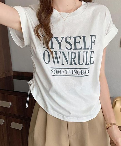 Girly Doll(ガーリードール)の「フレンチスリーブロゴプリントTシャツ(Tシャツ/カットソー・レディース・ホワイト/ダークグレー/ベージュ・L/M)」の7枚目の写真