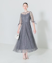 【Leja】異素材レースデコルテシアーAラインドレス結婚式パーティードレス Leja ドレス 「LEJA」異素材レースデコルテシアー袖リボン