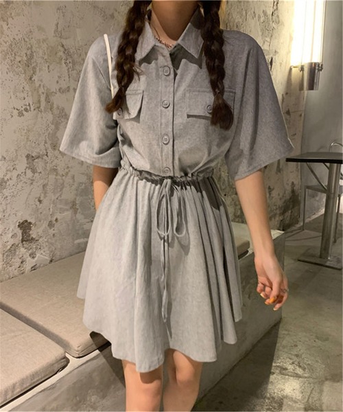 MAISON DE THERESE(メゾン ド テレーズ)の「ハーフボタンウエストマーク シャツワンピース(シャツワンピース・レディース・ブラック/グレー・L/XL/XXL)」の6枚目の写真