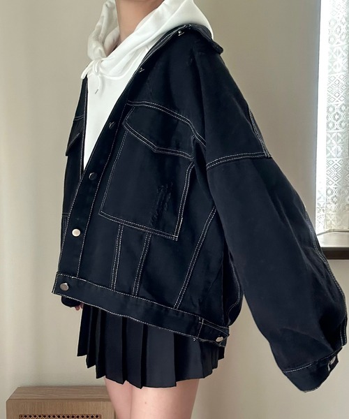 Cham.（チャム）の「オーバーサイズダメージデニムジャケット（デニムジャケット・レディース・ブルー/ブラック・F）」の6枚目の写真