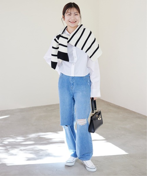 SLOBE IENA（スローブイエナ）の「《追加2》クロップドレギュラーシャツ（シャツ/ブラウス・レディース・ブルー/ホワイト・FREE）」の7枚目の写真