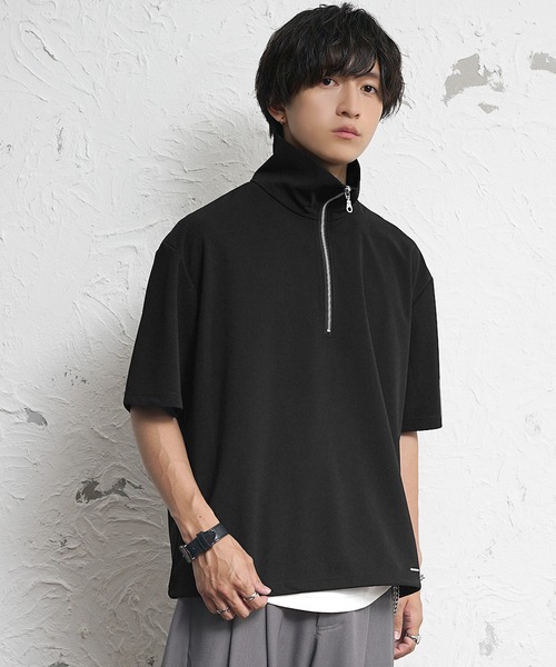 MinoriTY（マイノリティ）の「【MinoriTY】梨地素材きれいめハーフジップビッグTシャツ ポロシャツ メンズ オーバーサイズ ビッグシルエット ルーズフィット 秋服 夏服（ポロシャツ・メンズ・ブラック/ブルーグリーン/ワイン/ホワイト/チャコール/ブラック系/ブルー系/ホワイト系・M/L/S）」の4枚目の写真