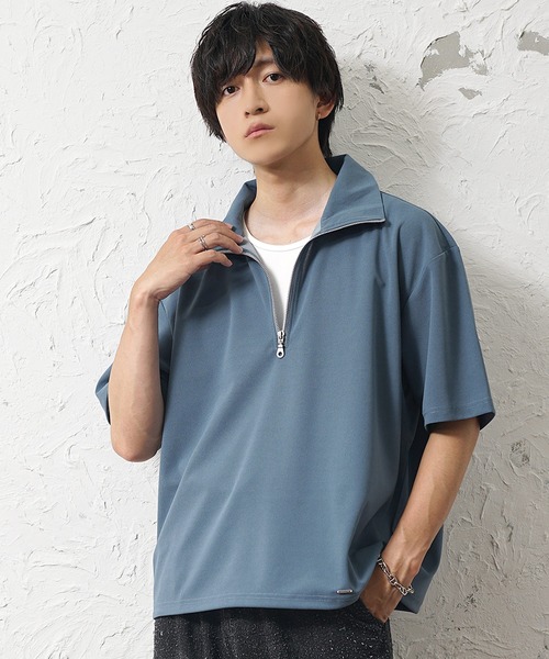 MinoriTY（マイノリティ）の「【MinoriTY】梨地素材きれいめハーフジップビッグTシャツ ポロシャツ メンズ オーバーサイズ ビッグシルエット ルーズフィット 秋服 夏服（ポロシャツ・メンズ・ブラック/ブルーグリーン/ワイン/ホワイト/チャコール/ブラック系/ブルー系/ホワイト系・M/L/S）」の7枚目の写真