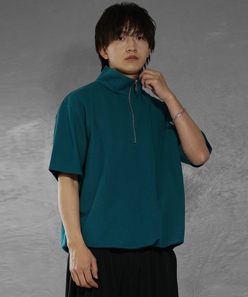 MinoriTY】梨地素材きれいめハーフジップビッグTシャツ ポロシャツ