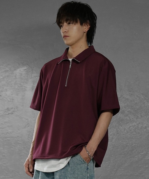 MinoriTY（マイノリティ）の「【MinoriTY】梨地素材きれいめハーフジップビッグTシャツ ポロシャツ メンズ オーバーサイズ ビッグシルエット ルーズフィット 秋服 夏服（ポロシャツ・メンズ・ブラック/ブルーグリーン/ワイン/ホワイト/チャコール/ブラック系/ブルー系/ホワイト系・M/L/S）」の8枚目の写真