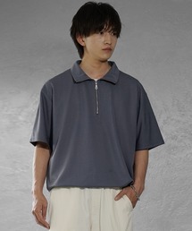 【MinoriTY】梨地素材きれいめハーフジップビッグTシャツ ポロシャツ メンズ オーバーサイズ ビッグシルエット ルーズフィット 秋服 夏服