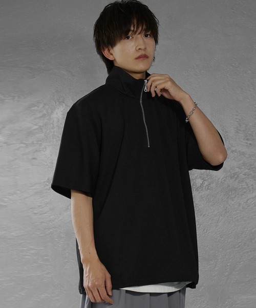 MinoriTY（マイノリティ）の「【MinoriTY】梨地素材きれいめハーフジップビッグTシャツ ポロシャツ メンズ オーバーサイズ ビッグシルエット ルーズフィット 秋服 夏服（ポロシャツ・メンズ・ブラック/ブルーグリーン/ワイン/ホワイト/チャコール/ブラック系/ブルー系/ホワイト系・M/L/S）」の3枚目の写真