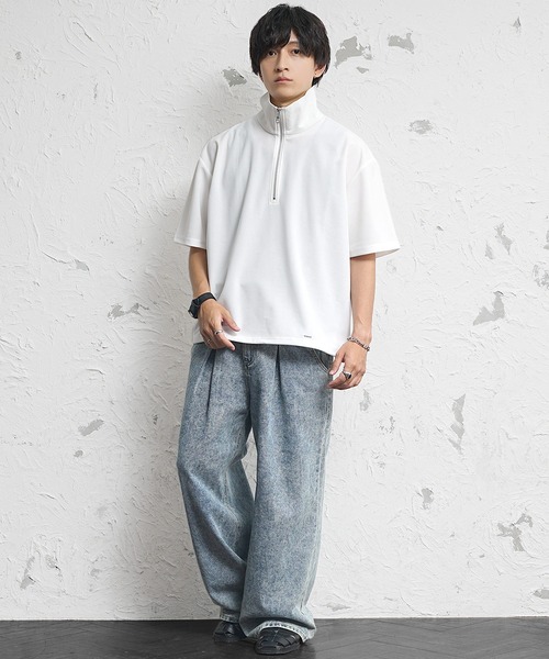 MinoriTY（マイノリティ）の「【MinoriTY】梨地素材きれいめハーフジップビッグTシャツ ポロシャツ メンズ オーバーサイズ ビッグシルエット ルーズフィット 秋服 夏服（ポロシャツ・メンズ・ブラック/ブルーグリーン/ワイン/ホワイト/チャコール/ブラック系/ブルー系/ホワイト系・M/L/S）」の11枚目の写真